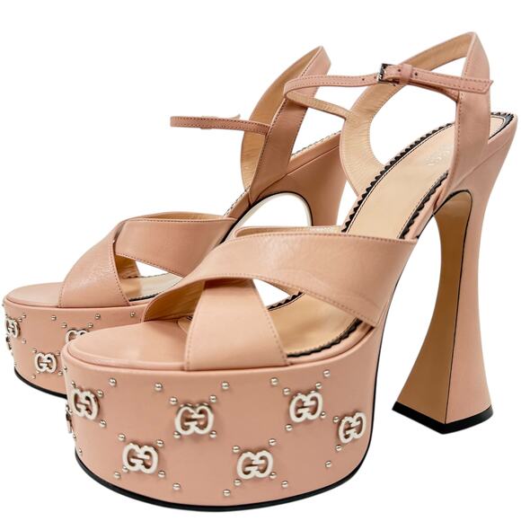 New Gucci Interlocking GG Studded Platfrom Sandals Leather Size 42 - Picture 3 of 10